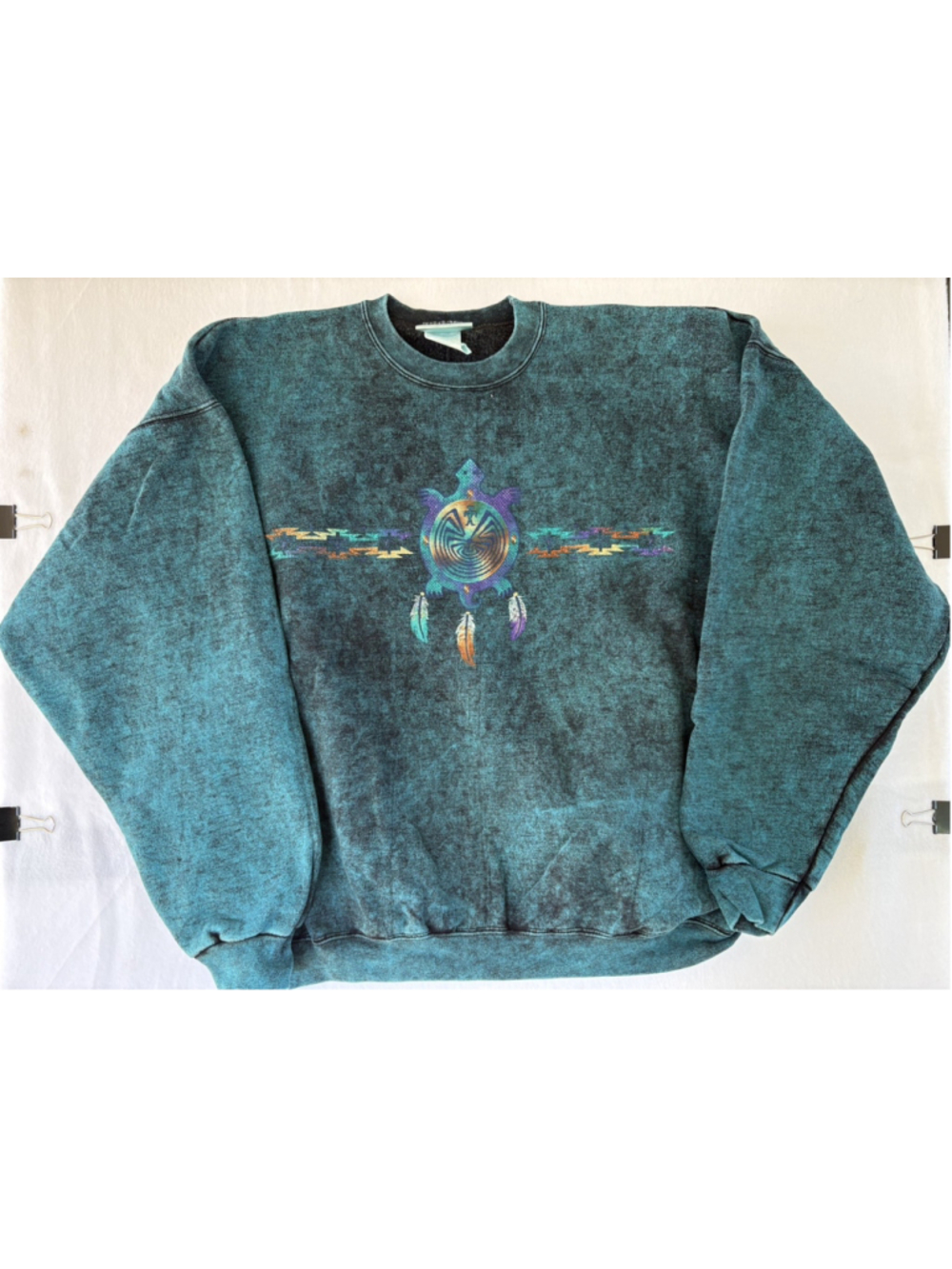 Vtg Sweatshirt Blue Green Acid Stone Washed Southwestern Aztec Sz large